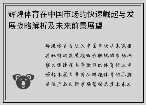辉煌体育在中国市场的快速崛起与发展战略解析及未来前景展望